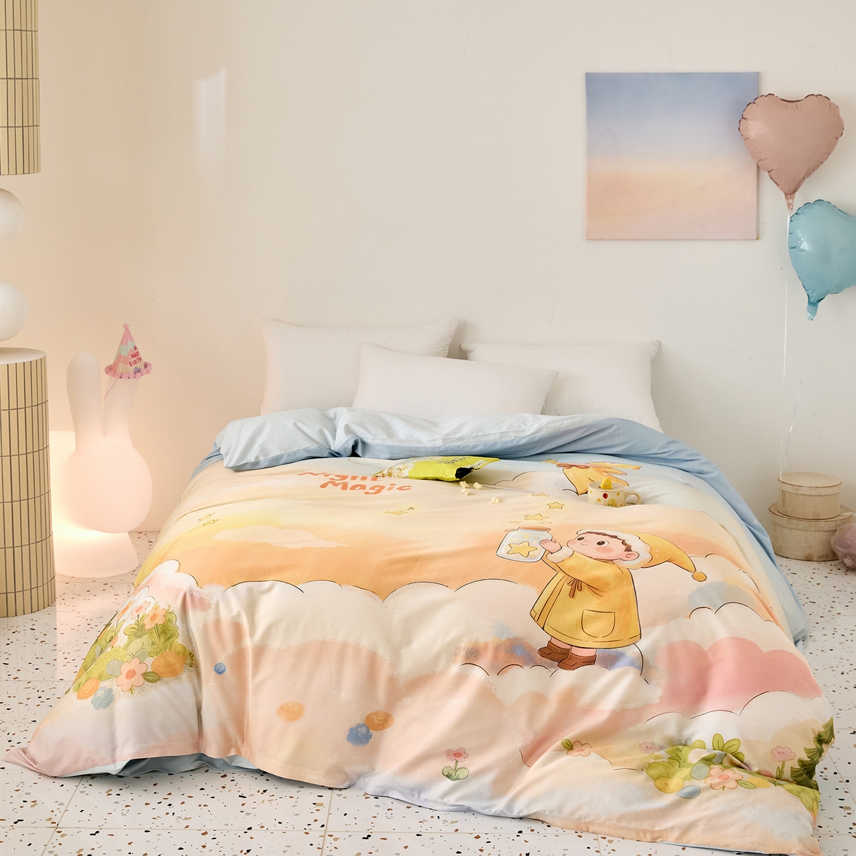 91家纺网 家纺一手货源 找家纺 梧桐树 2026新款60长绒棉平网大版系列四件套 P39星星人蓝