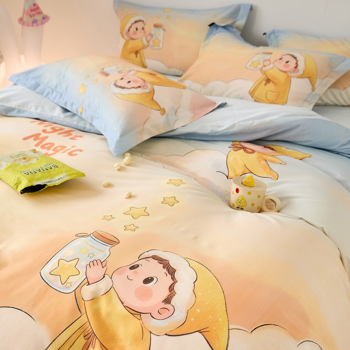 91家纺网 家纺一手货源 找家纺 梧桐树 2026新款60长绒棉平网大版系列四件套 P39星星人蓝