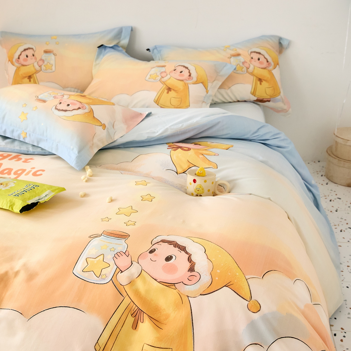 91家纺网 家纺一手货源 找家纺 梧桐树 2026新款60长绒棉平网大版系列四件套 P39星星人蓝