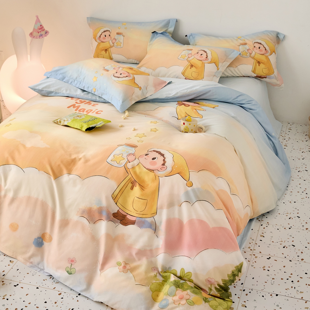 91家纺网 家纺一手货源 找家纺 梧桐树 2026新款60长绒棉平网大版系列四件套 P39星星人蓝