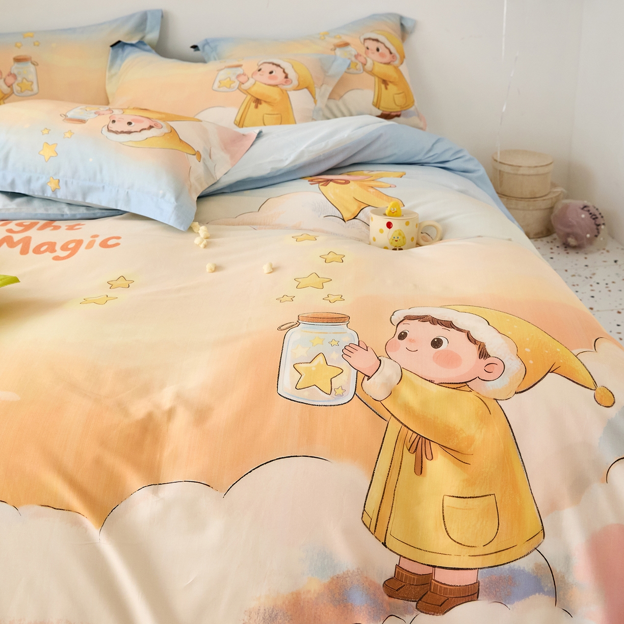 91家纺网 家纺一手货源 找家纺 梧桐树 2026新款60长绒棉平网大版系列四件套 P39星星人蓝