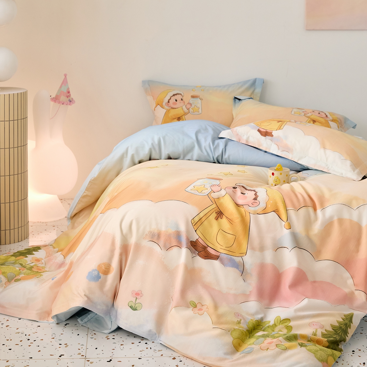 91家纺网 家纺一手货源 找家纺 梧桐树 2026新款60长绒棉平网大版系列四件套 P39星星人蓝