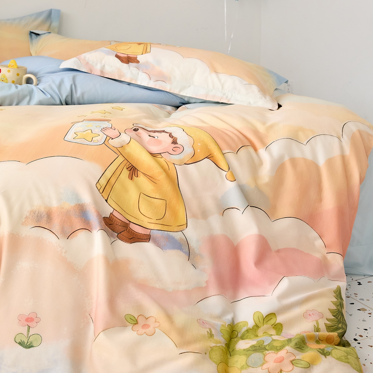 91家纺网 家纺一手货源 找家纺 梧桐树 2026新款60长绒棉平网大版系列四件套 P39星星人蓝