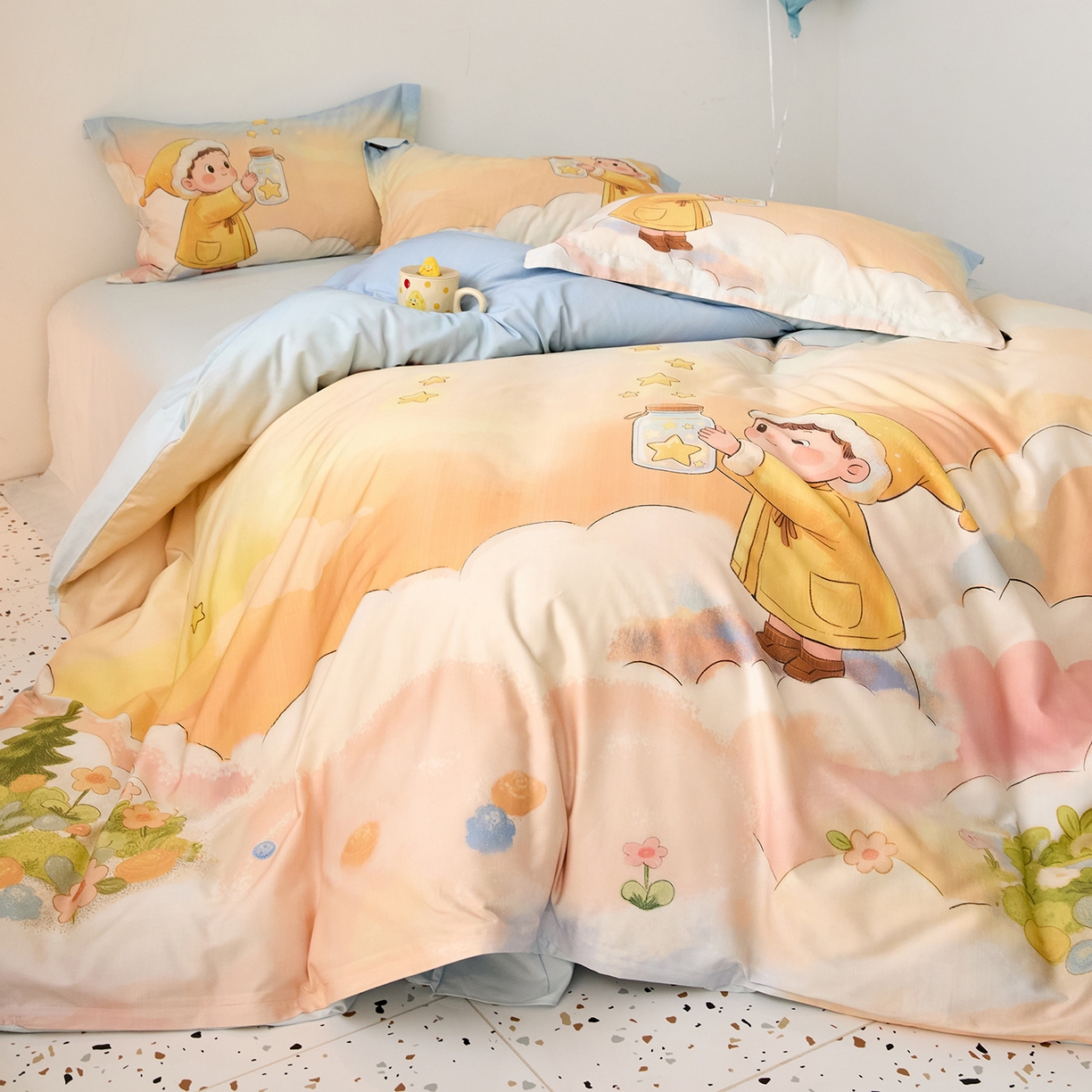 91家纺网 家纺一手货源 找家纺 梧桐树 2026新款60长绒棉平网大版系列四件套 P39星星人蓝