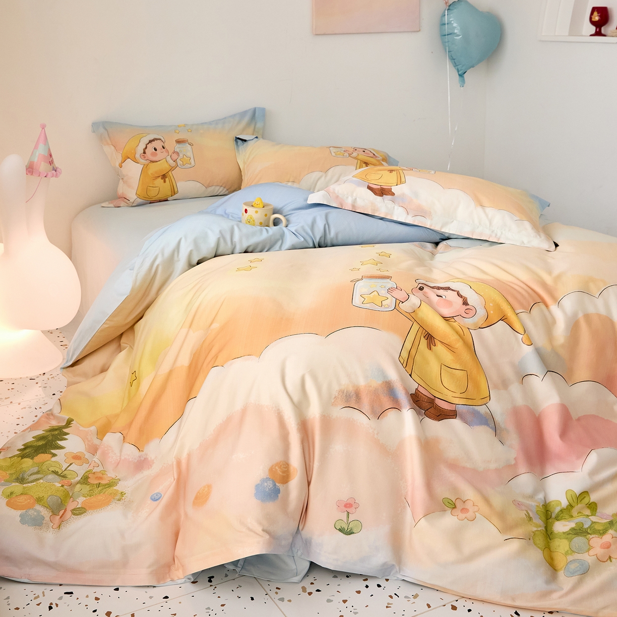 91家纺网 家纺一手货源 找家纺 梧桐树 2026新款60长绒棉平网大版系列四件套 P39星星人蓝