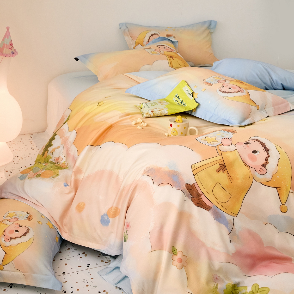 91家纺网 家纺一手货源 找家纺 梧桐树 2026新款60长绒棉平网大版系列四件套 P39星星人蓝