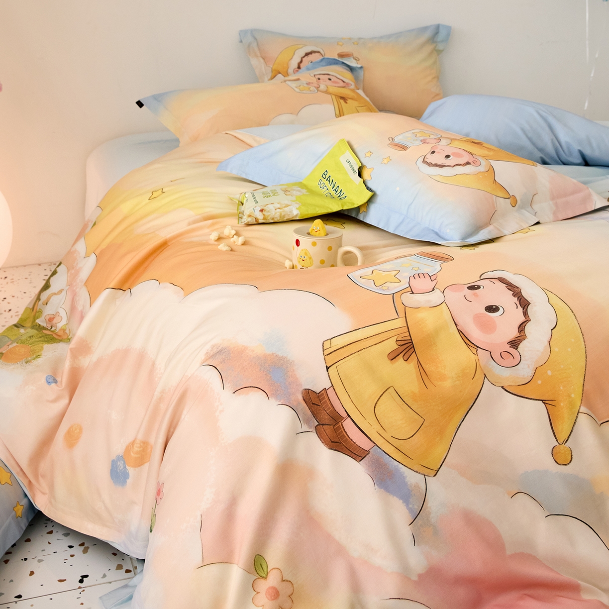 91家纺网 家纺一手货源 找家纺 梧桐树 2026新款60长绒棉平网大版系列四件套 P39星星人蓝