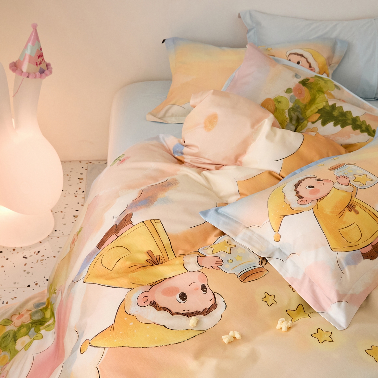 91家纺网 家纺一手货源 找家纺 梧桐树 2026新款60长绒棉平网大版系列四件套 P39星星人蓝