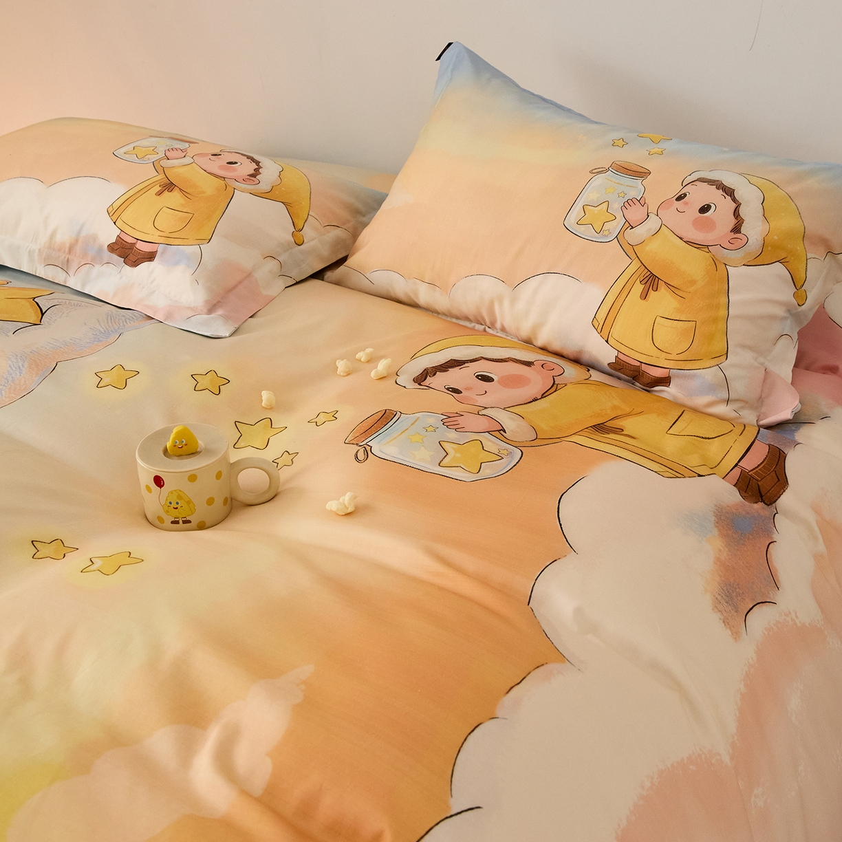 91家纺网 家纺一手货源 找家纺 梧桐树 2026新款60长绒棉平网大版系列四件套 P39星星人蓝