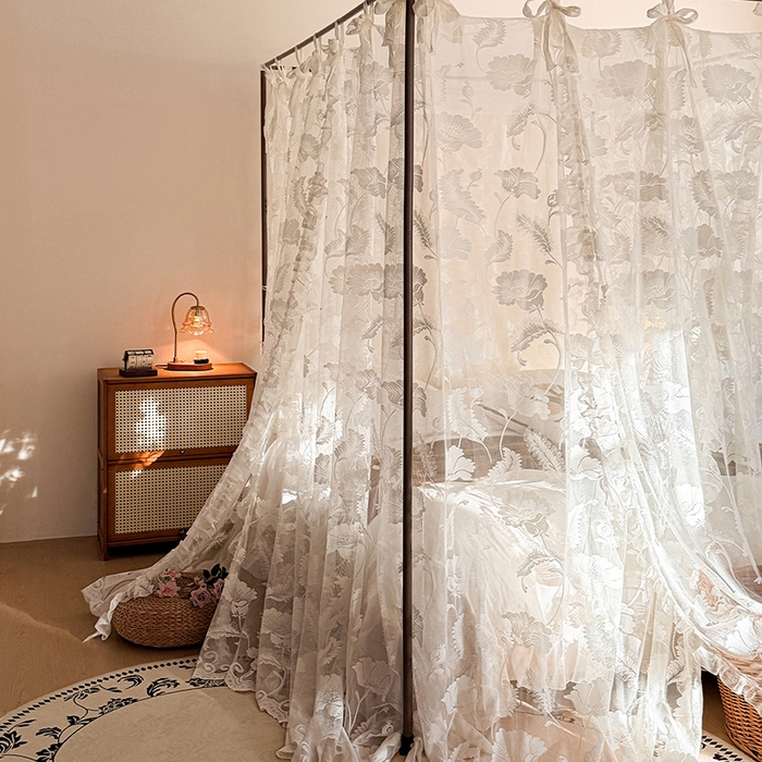 91家纺网 家纺一手货源 找家纺 都市缘蚊帐 2026新款浪漫落地蕾丝花边蚊帐905提花系带系列 风铃颂