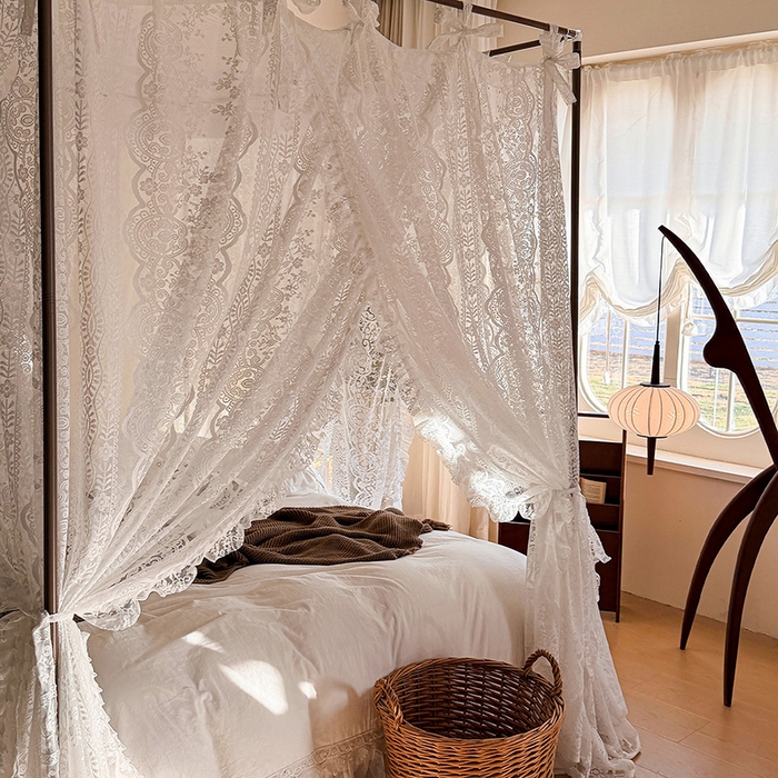 91家纺网 家纺一手货源 找家纺 都市缘蚊帐 2026新款浪漫落地蕾丝花边蚊帐905提花系带系列 苏格兰-奶油白