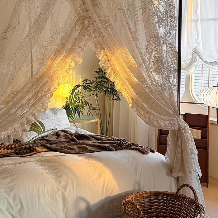 91家纺网 家纺一手货源 找家纺 都市缘蚊帐 2026新款浪漫落地蕾丝花边蚊帐905提花系带系列 薇尔庄园-奶油杏
