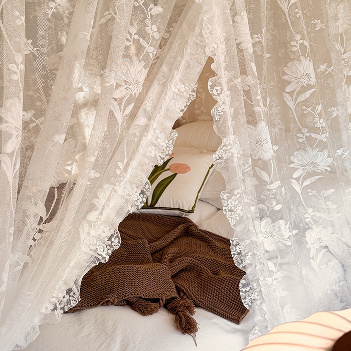 91家纺网 家纺一手货源 找家纺 都市缘蚊帐 2026新款浪漫落地蕾丝花边蚊帐905提花系带系列 春日里-奶油白