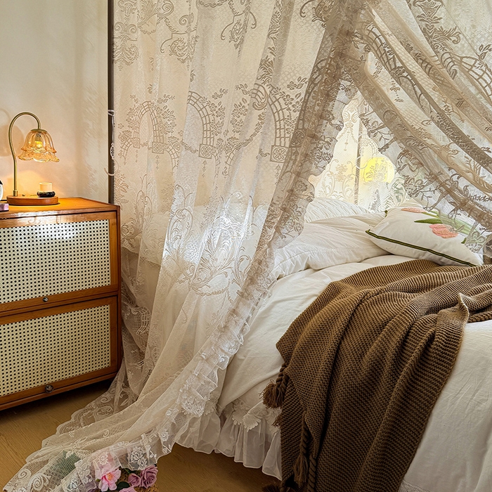 91家纺网 家纺一手货源 找家纺 都市缘蚊帐 2026新款浪漫落地蕾丝花边蚊帐905提花系带系列 芬德拉-奶油杏