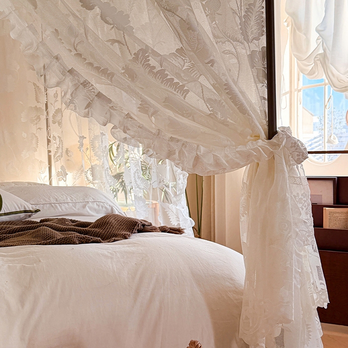 91家纺网 家纺一手货源 找家纺 都市缘蚊帐 2026新款浪漫落地蕾丝花边蚊帐905提花系带系列 风铃颂