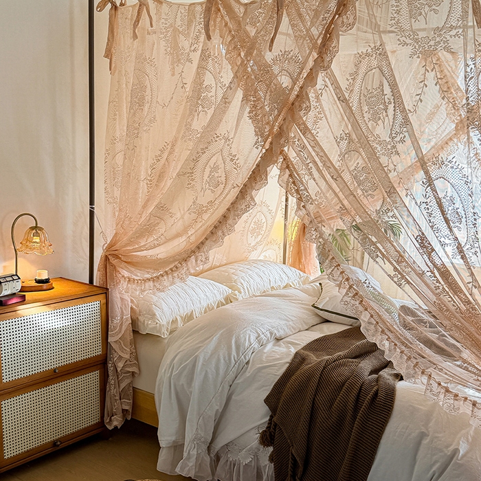 91家纺网 家纺一手货源 找家纺 都市缘蚊帐 2026新款浪漫落地蕾丝花边蚊帐905提花系带系列 薇尔庄园-奶油香槟