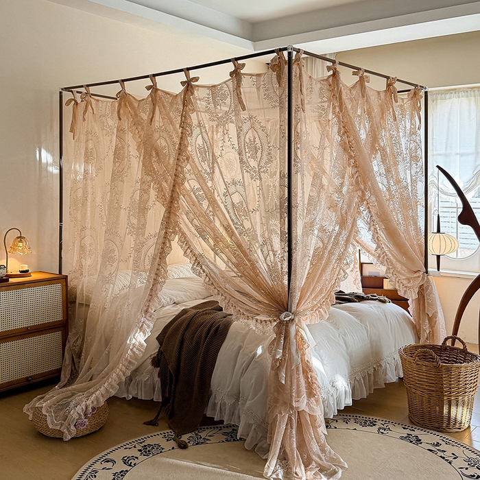 91家纺网 家纺一手货源 找家纺 都市缘蚊帐 2026新款浪漫落地蕾丝花边蚊帐905提花系带系列 薇尔庄园-奶油香槟