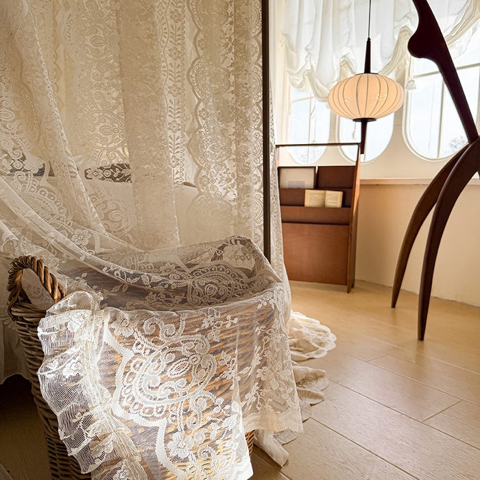 91家纺网 家纺一手货源 找家纺 都市缘蚊帐 2026新款浪漫落地蕾丝花边蚊帐905提花系带系列 苏格兰-奶油杏