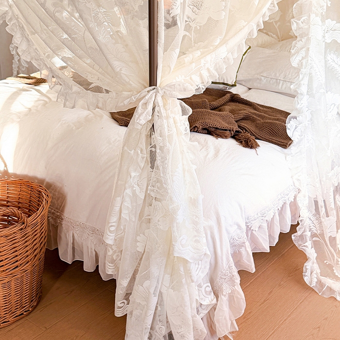 91家纺网 家纺一手货源 找家纺 都市缘蚊帐 2026新款浪漫落地蕾丝花边蚊帐905提花系带系列 风铃颂