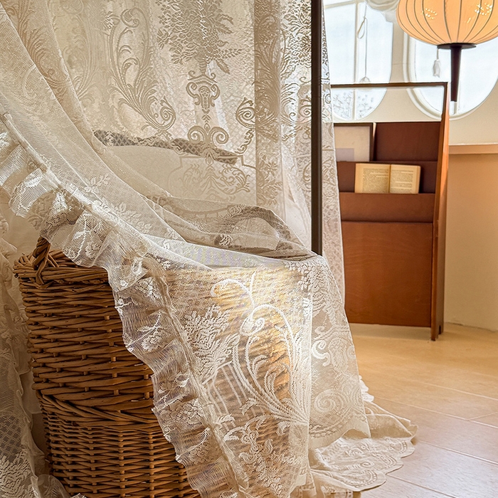 91家纺网 家纺一手货源 找家纺 都市缘蚊帐 2026新款浪漫落地蕾丝花边蚊帐905提花系带系列 芬德拉-奶油杏