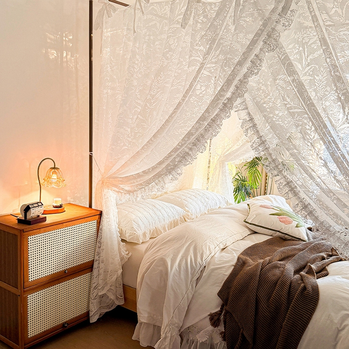 91家纺网 家纺一手货源 找家纺 都市缘蚊帐 2026新款浪漫落地蕾丝花边蚊帐905提花系带系列 盛夏-奶油白