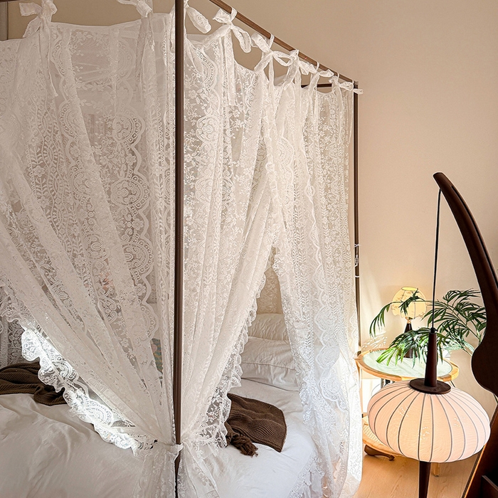 91家纺网 家纺一手货源 找家纺 都市缘蚊帐 2026新款浪漫落地蕾丝花边蚊帐905提花系带系列 苏格兰-奶油白