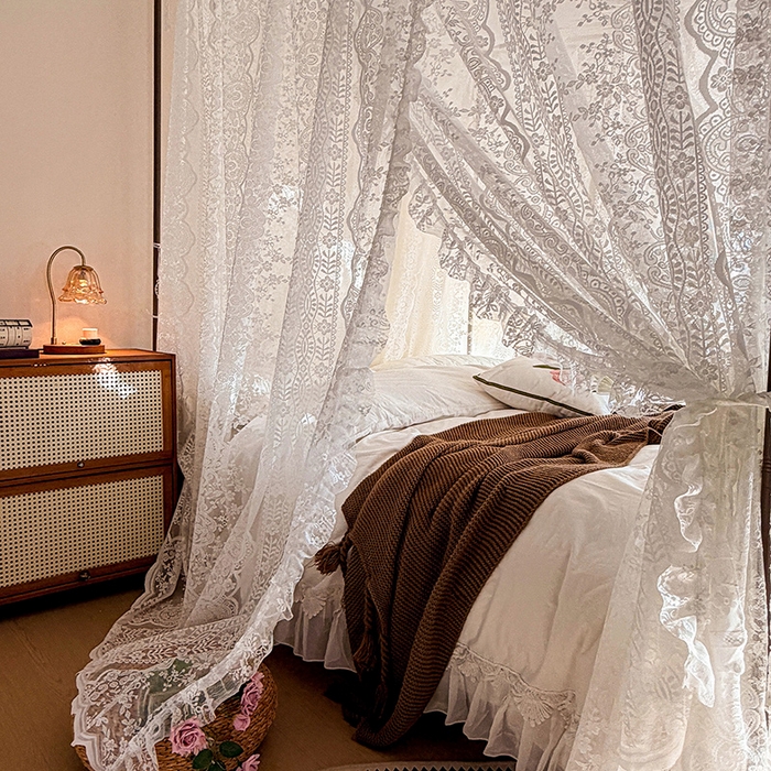 91家纺网 家纺一手货源 找家纺 都市缘蚊帐 2026新款浪漫落地蕾丝花边蚊帐905提花系带系列 苏格兰-奶油白