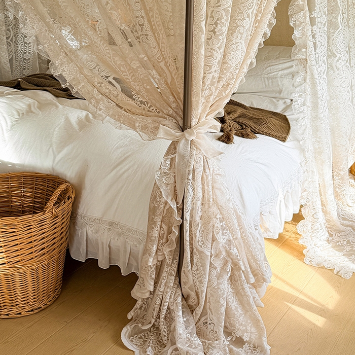 91家纺网 家纺一手货源 找家纺 都市缘蚊帐 2026新款浪漫落地蕾丝花边蚊帐905提花系带系列 苏格兰-奶油杏