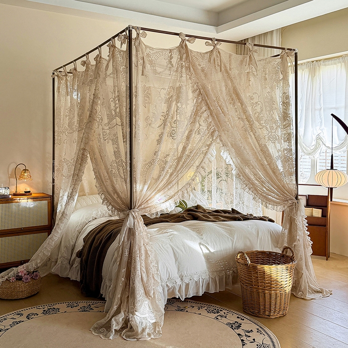91家纺网 家纺一手货源 找家纺 都市缘蚊帐 2026新款浪漫落地蕾丝花边蚊帐905提花系带系列 芬德拉-奶油杏
