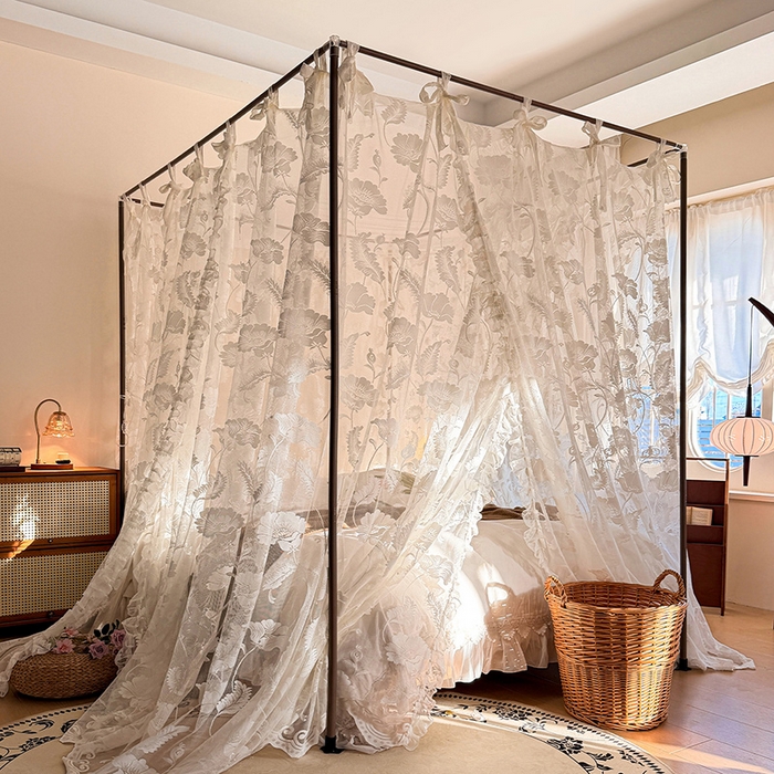 91家纺网 家纺一手货源 找家纺 都市缘蚊帐 2026新款浪漫落地蕾丝花边蚊帐905提花系带系列 风铃颂