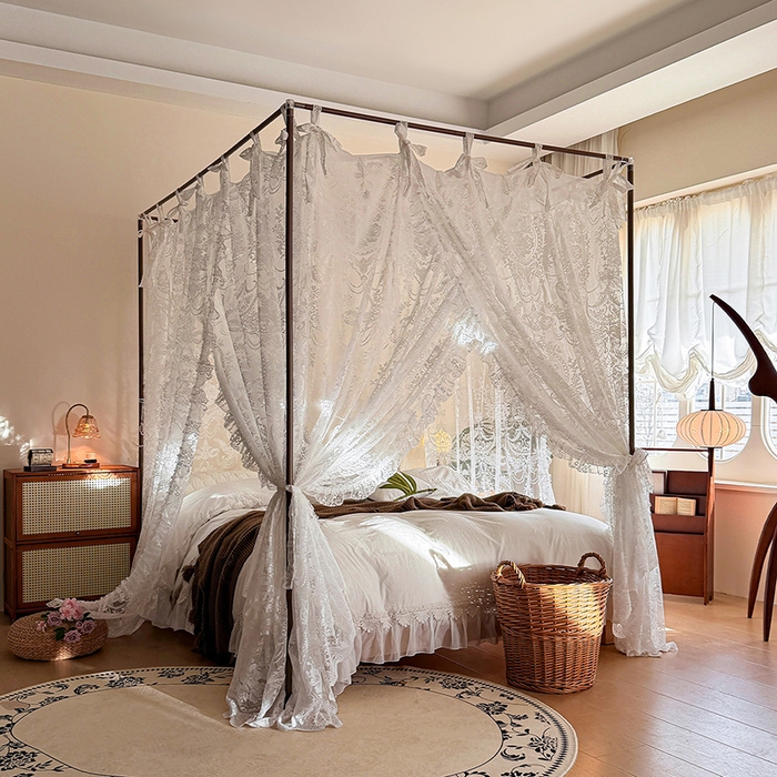 91家纺网 家纺一手货源 找家纺 都市缘蚊帐 2026新款浪漫落地蕾丝花边蚊帐905提花系带系列 挪威森林-奶油白