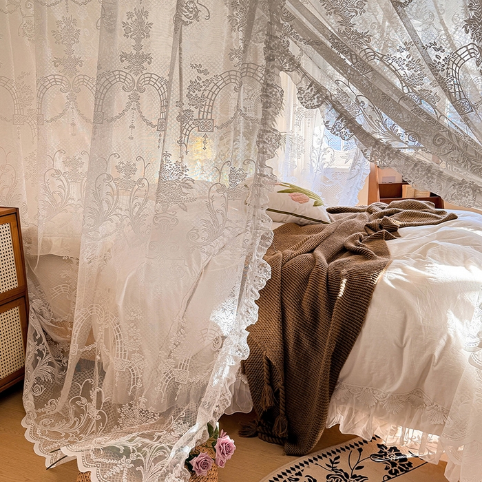 91家纺网 家纺一手货源 找家纺 都市缘蚊帐 2026新款浪漫落地蕾丝花边蚊帐905提花系带系列 芬德拉-奶油白