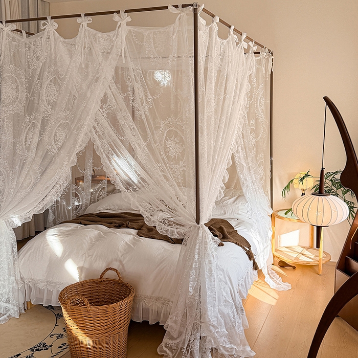 91家纺网 家纺一手货源 找家纺 都市缘蚊帐 2026新款浪漫落地蕾丝花边蚊帐905提花系带系列 薇尔庄园-奶油白