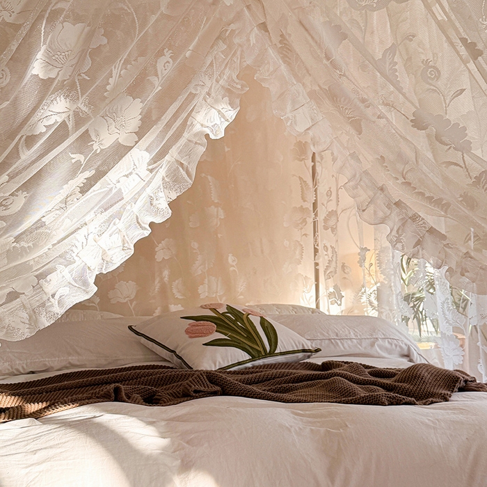 91家纺网 家纺一手货源 找家纺 都市缘蚊帐 2026新款浪漫落地蕾丝花边蚊帐905提花系带系列 风铃颂