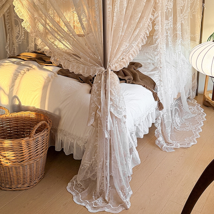 91家纺网 家纺一手货源 找家纺 都市缘蚊帐 2026新款浪漫落地蕾丝花边蚊帐905提花系带系列 薇尔庄园-奶油杏