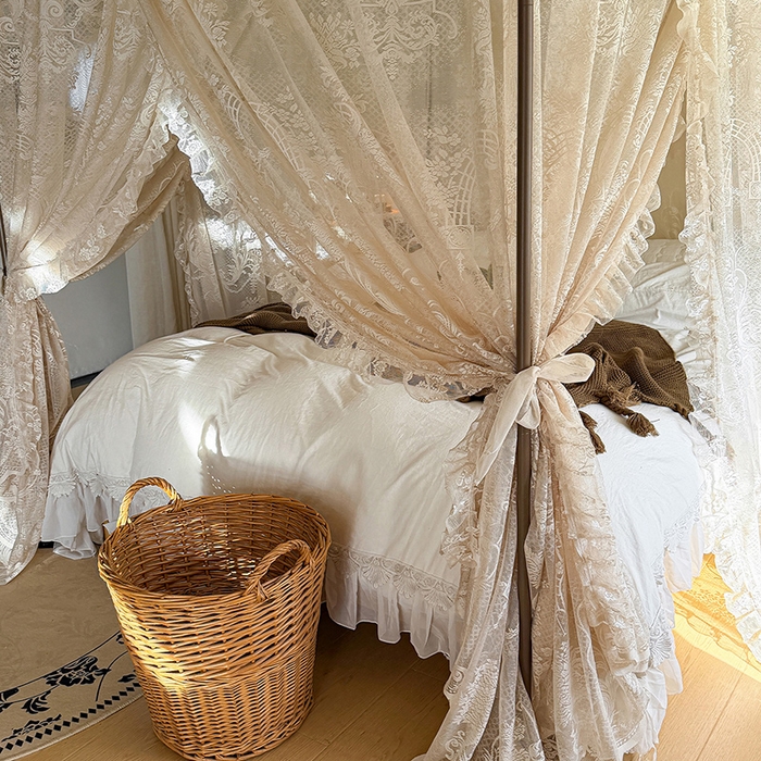 91家纺网 家纺一手货源 找家纺 都市缘蚊帐 2026新款浪漫落地蕾丝花边蚊帐905提花系带系列 芬德拉-奶油杏