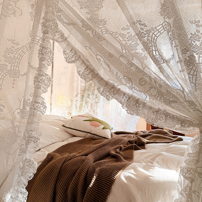 91家纺网 家纺一手货源 找家纺 都市缘蚊帐 2026新款浪漫落地蕾丝花边蚊帐905提花系带系列 芬德拉-奶油白