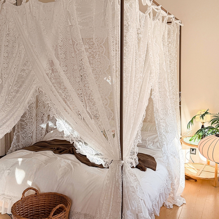 91家纺网 家纺一手货源 找家纺 都市缘蚊帐 2026新款浪漫落地蕾丝花边蚊帐905提花系带系列 苏格兰-奶油白