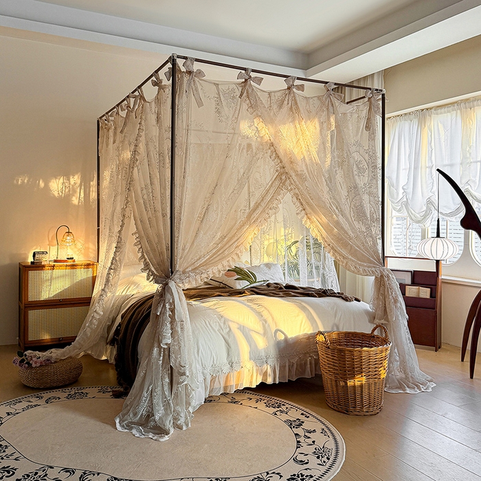 91家纺网 家纺一手货源 找家纺 都市缘蚊帐 2026新款浪漫落地蕾丝花边蚊帐905提花系带系列 薇尔庄园-奶油杏