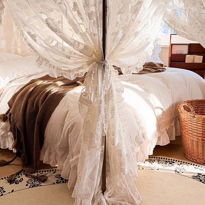 91家纺网 家纺一手货源 找家纺 都市缘蚊帐 2026新款浪漫落地蕾丝花边蚊帐905提花系带系列 风铃颂