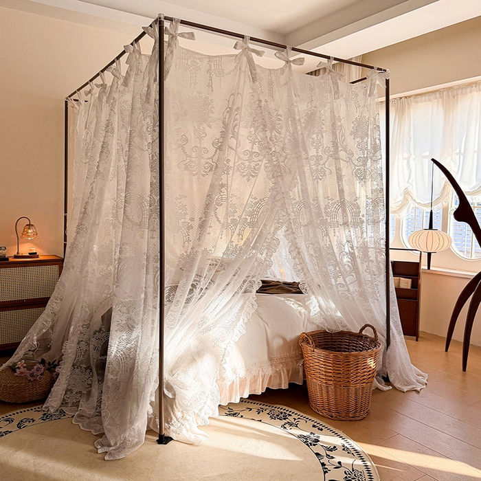 91家纺网 家纺一手货源 找家纺 都市缘蚊帐 2026新款浪漫落地蕾丝花边蚊帐905提花系带系列 芬德拉-奶油白