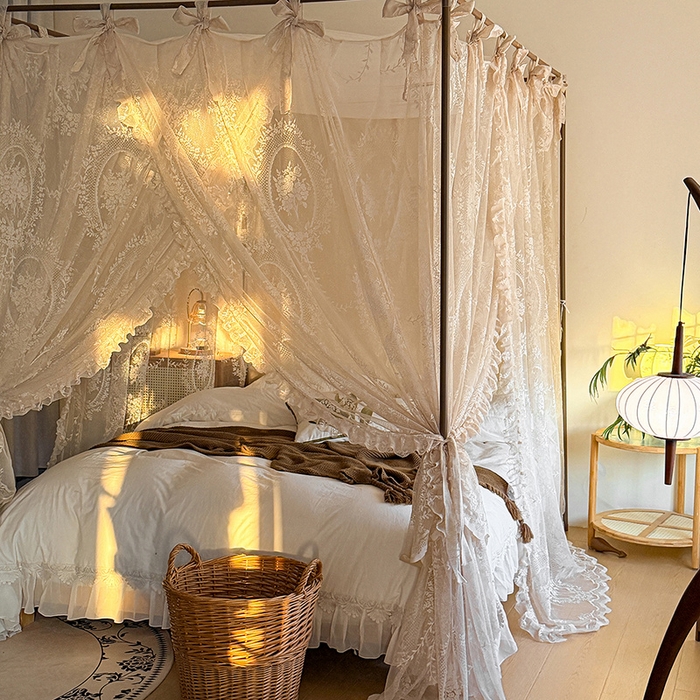 91家纺网 家纺一手货源 找家纺 都市缘蚊帐 2026新款浪漫落地蕾丝花边蚊帐905提花系带系列 薇尔庄园-奶油杏