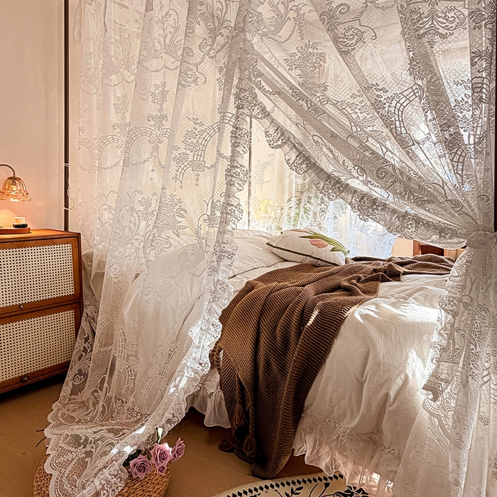 91家纺网 家纺一手货源 找家纺 都市缘蚊帐 2026新款浪漫落地蕾丝花边蚊帐905提花系带系列 芬德拉-奶油白