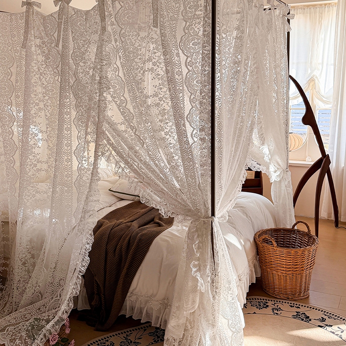 91家纺网 家纺一手货源 找家纺 都市缘蚊帐 2026新款浪漫落地蕾丝花边蚊帐905提花系带系列 苏格兰-奶油白