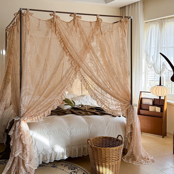 91家纺网 家纺一手货源 找家纺 都市缘蚊帐 2026新款浪漫落地蕾丝花边蚊帐905提花系带系列 薇尔庄园-奶油香槟