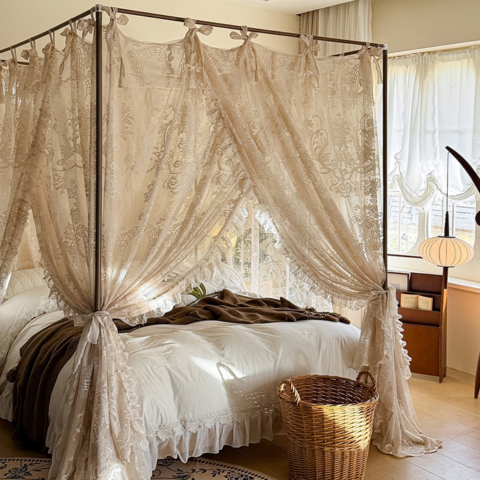 91家纺网 家纺一手货源 找家纺 都市缘蚊帐 2026新款浪漫落地蕾丝花边蚊帐905提花系带系列 芬德拉-奶油杏