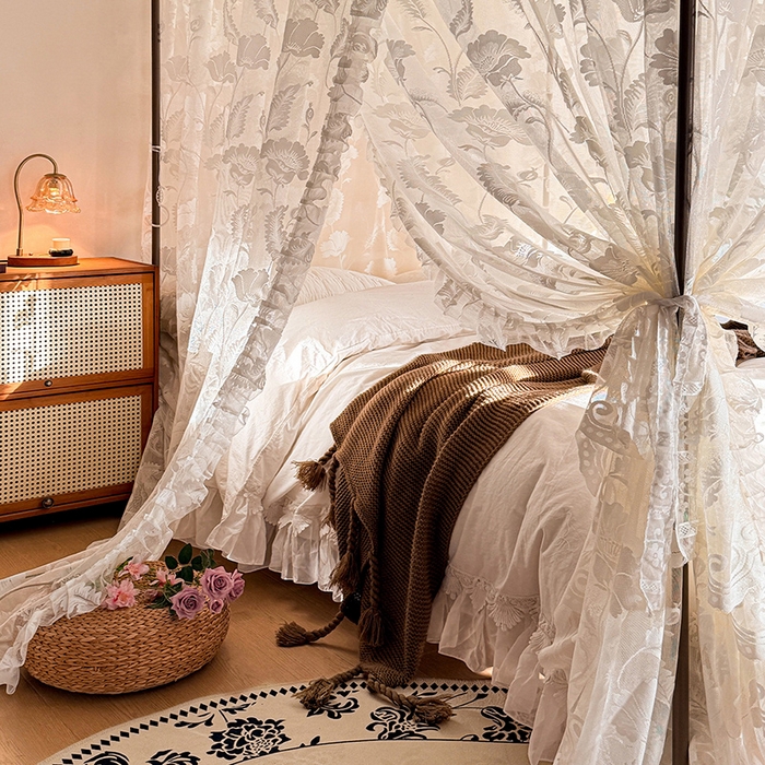 91家纺网 家纺一手货源 找家纺 都市缘蚊帐 2026新款浪漫落地蕾丝花边蚊帐905提花系带系列 风铃颂