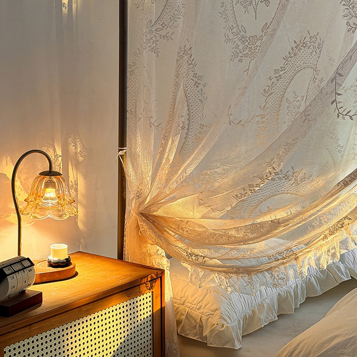 91家纺网 家纺一手货源 找家纺 都市缘蚊帐 2026新款浪漫落地蕾丝花边蚊帐905提花系带系列 薇尔庄园-奶油杏