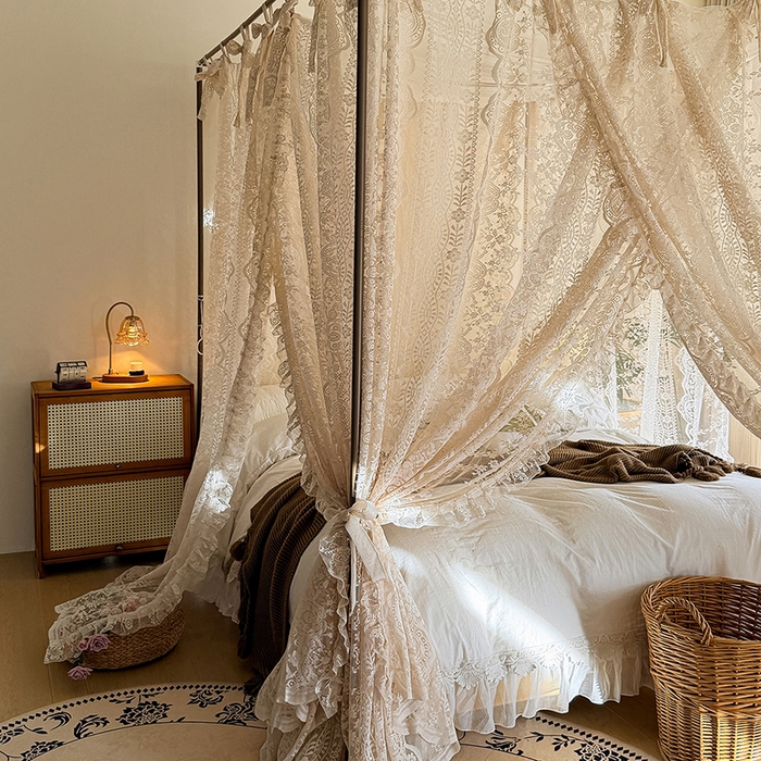 91家纺网 家纺一手货源 找家纺 都市缘蚊帐 2026新款浪漫落地蕾丝花边蚊帐905提花系带系列 苏格兰-奶油杏