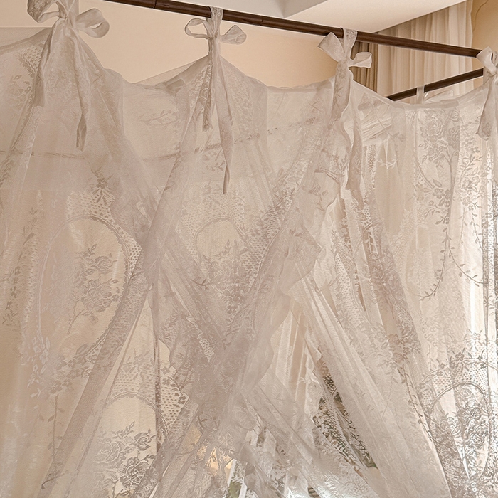 91家纺网 家纺一手货源 找家纺 都市缘蚊帐 2026新款浪漫落地蕾丝花边蚊帐905提花系带系列 薇尔庄园-奶油白